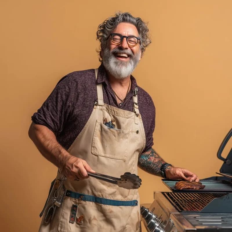 A man around his 50th birthday milestone, warm candid portrait — the recipient of a personalized birthday song about his life