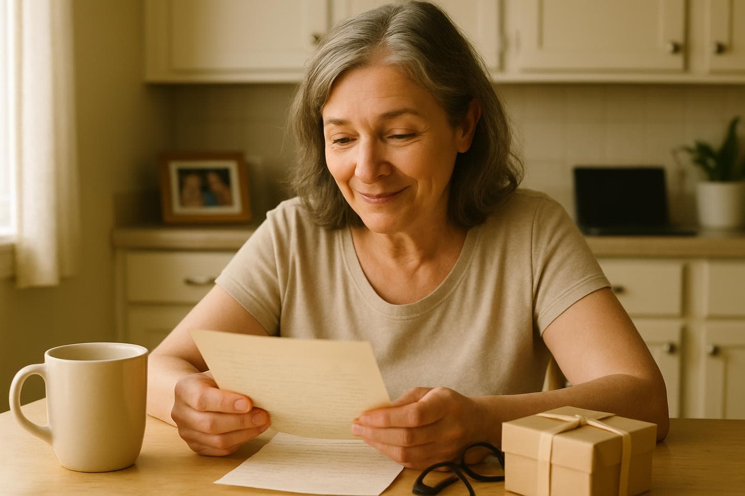 American mother in her 60s reading a handwritten birthday letter at her kitchen table with coffee, warm natural lighting