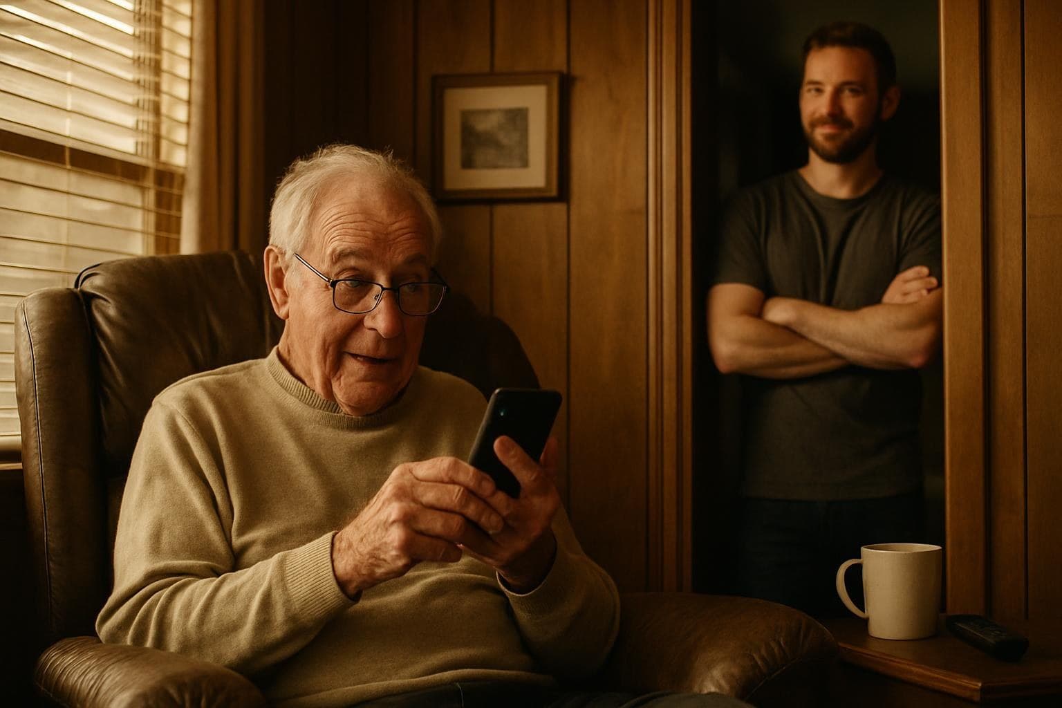 A grandfather listening to his personalized birthday song on a smartphone, grandson watching from the doorway