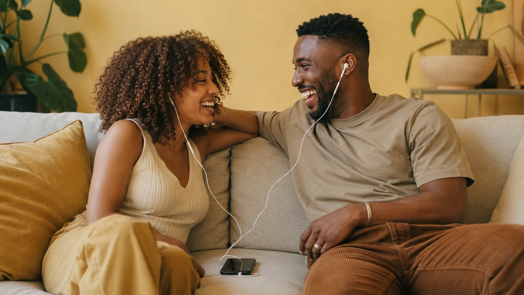 Two Black friends laughing while listening together to a custom song gift on shared headphones