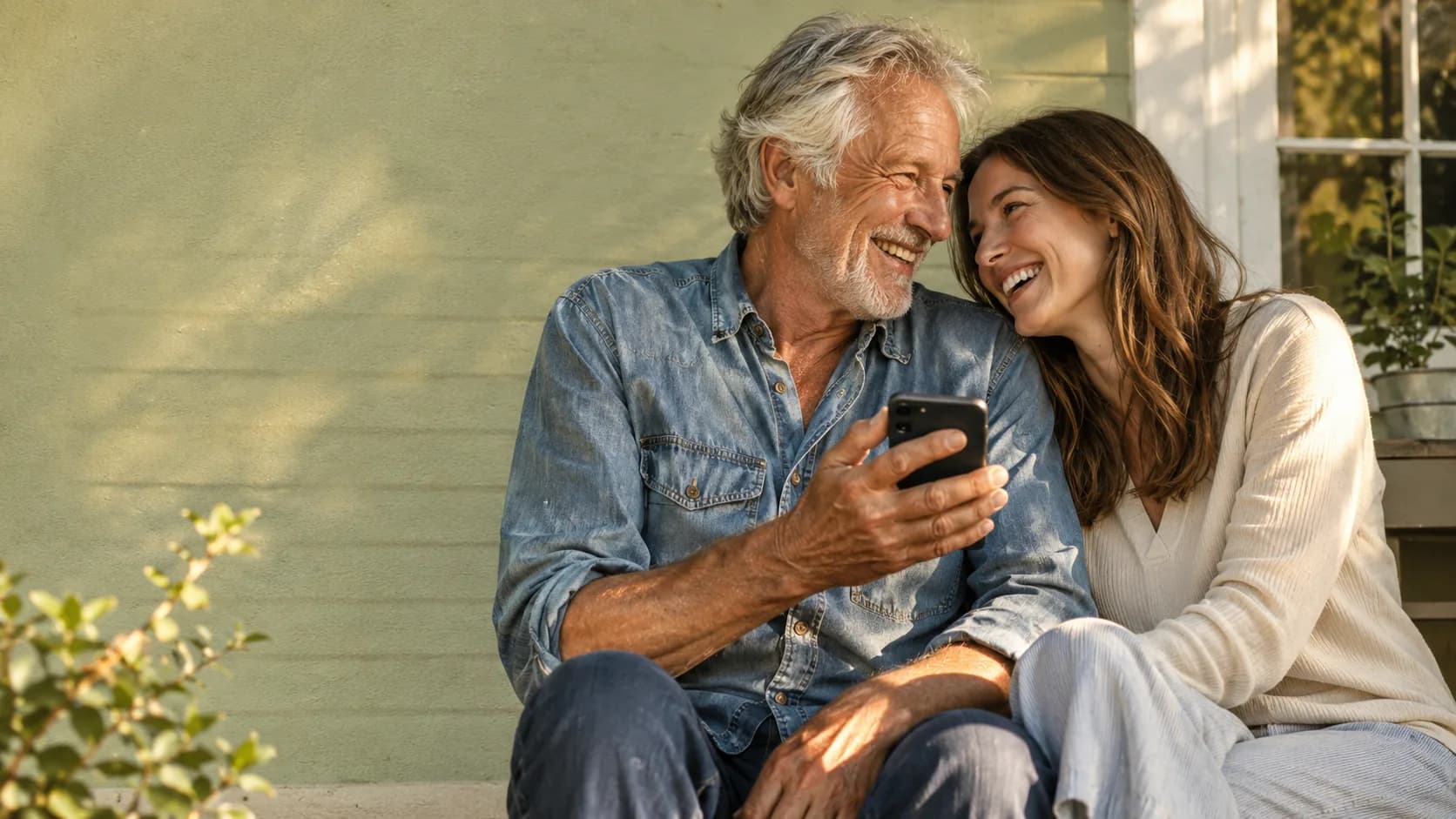 A father and his adult daughter on the front porch, both mid-laugh while listening to a personalized Father's Day song from a phone speaker