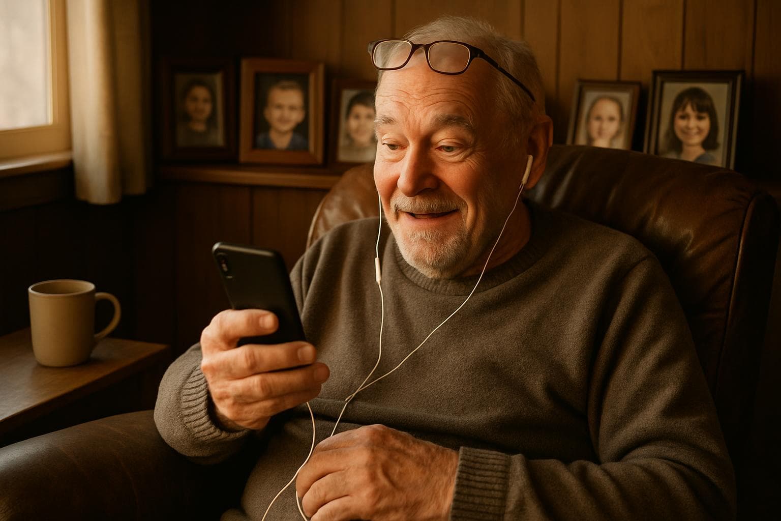 American grandfather listening to a personalized Father's Day song from his grandchildren, surprised emotion, warm home setting