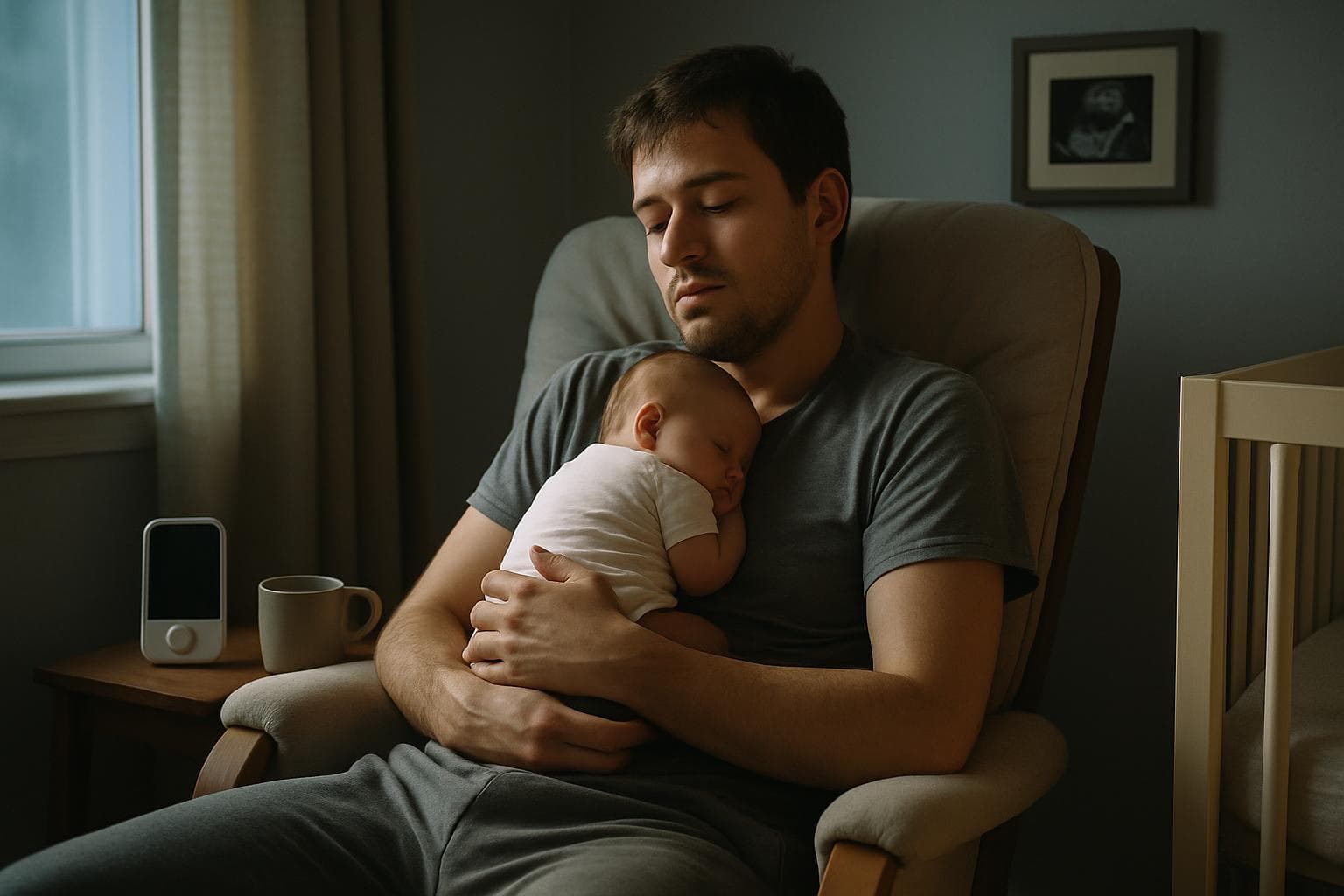 New father holding sleeping baby in nursery at dawn, first Father's Day gift moment