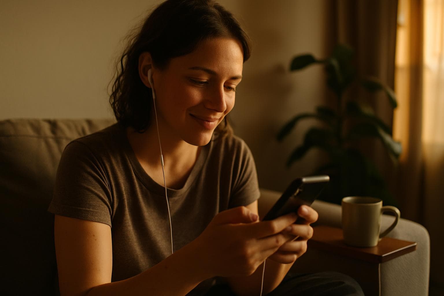 Woman listening to a personalized song sent by text, earbuds in, genuine smile, warm apartment lighting