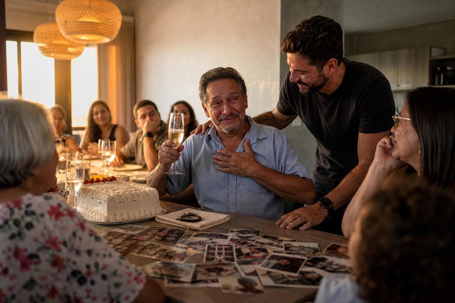 Pai aposentado emocionado ouvindo música de homenagem na festa de família