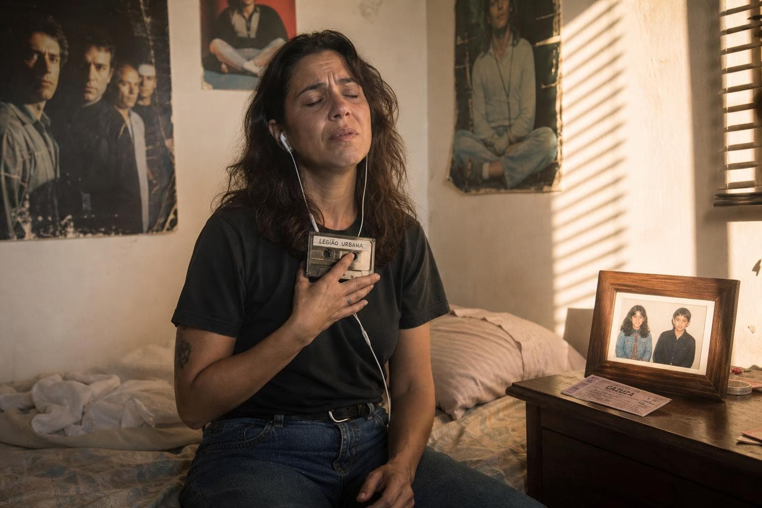 Mulher segurando fita cassete vintage enquanto ouve música de homenagem ao irmão falecido