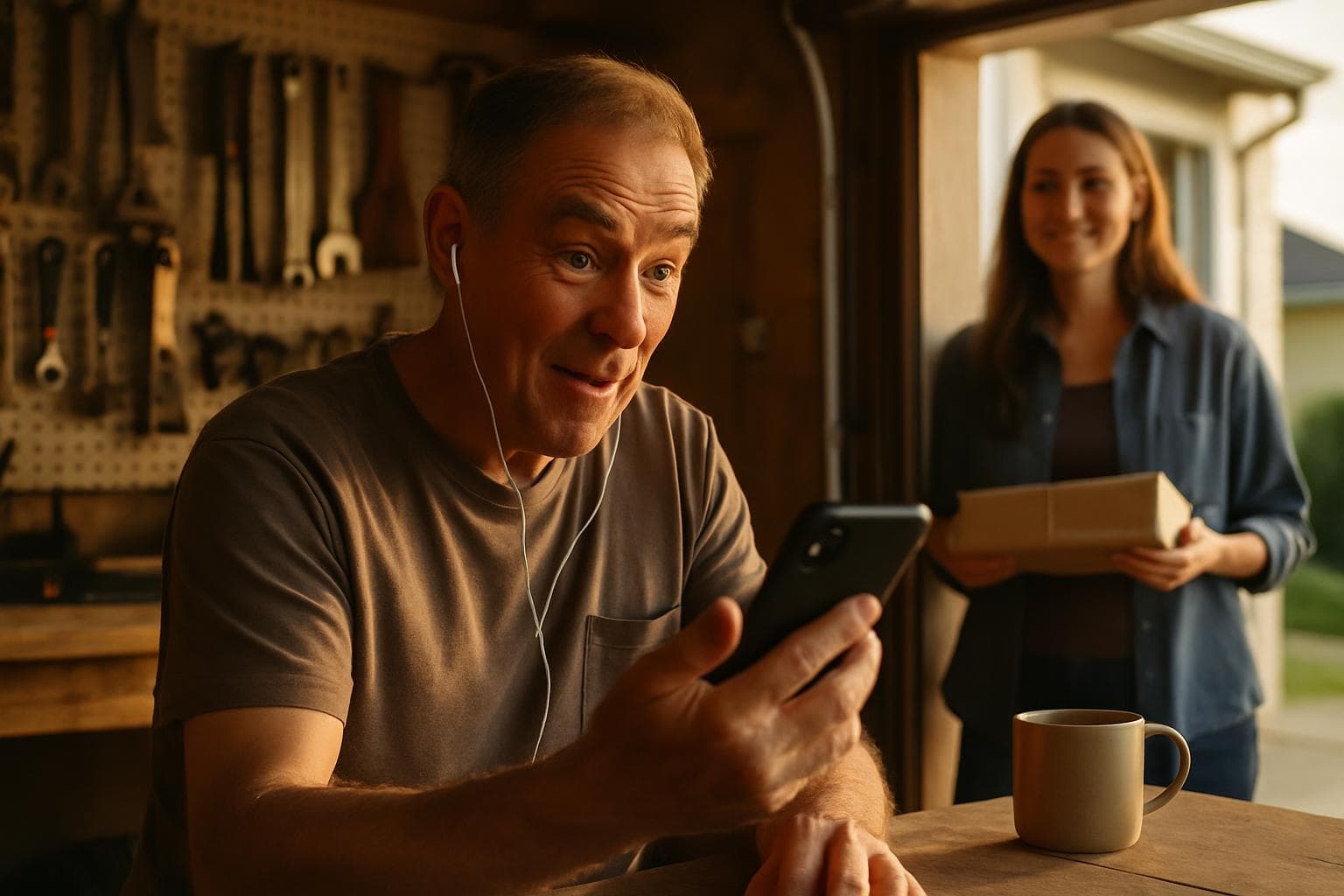 Father in garage workshop listening to personalized Father's Day song on phone while daughter watches from doorway