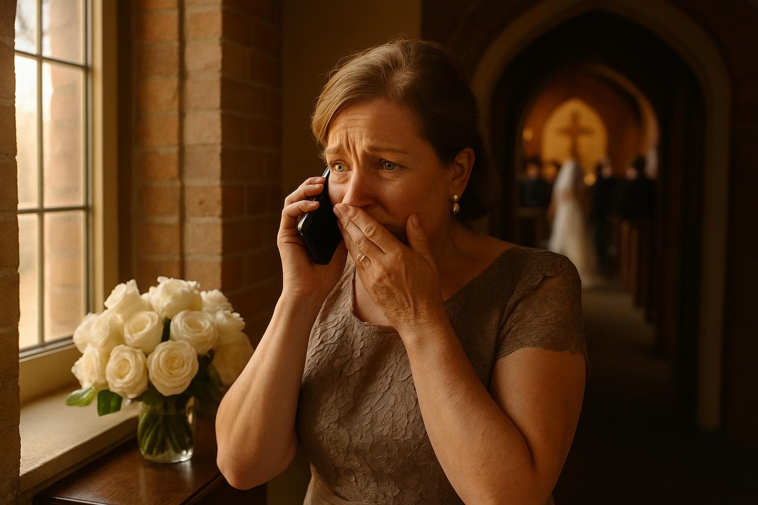Mother of the groom listening to a personalized country song from her son on his wedding day