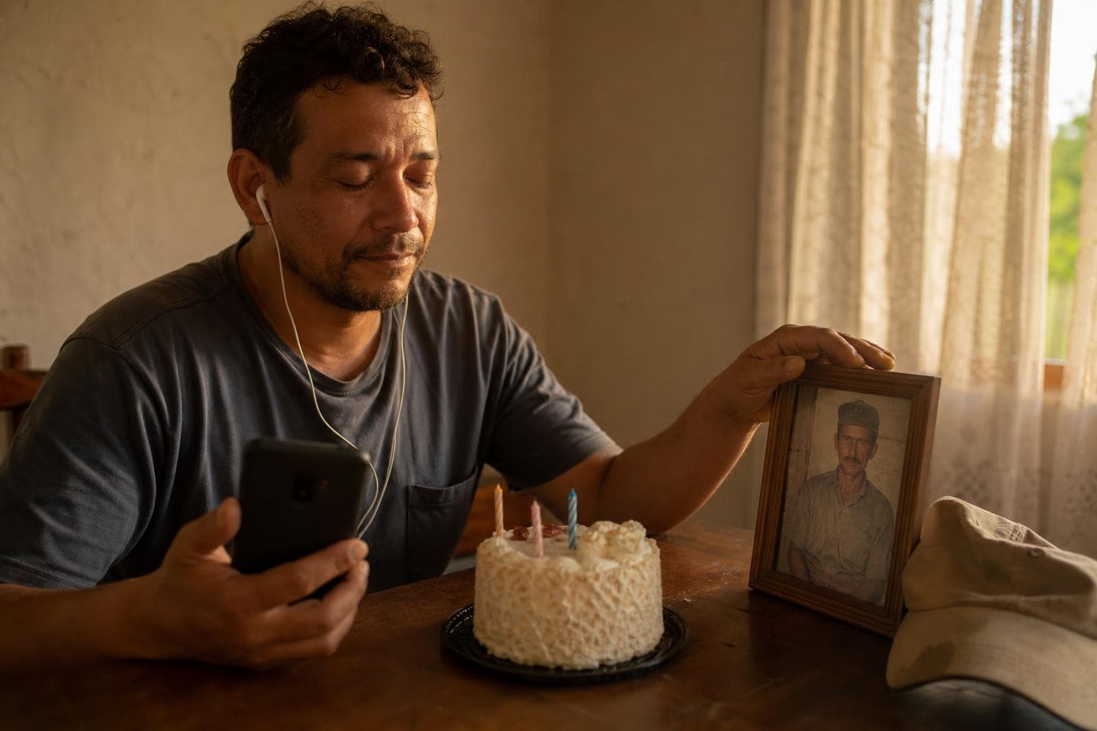 Homem ouvindo música de homenagem no aniversário do pai falecido, com foto dele sobre a mesa