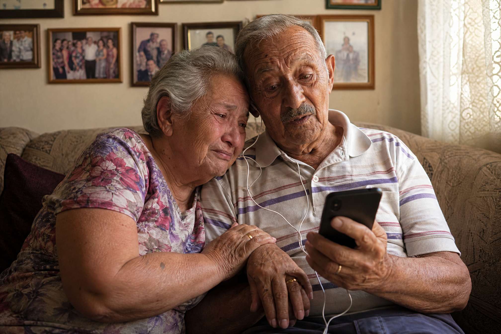 Casal de bodas de ouro ouvindo juntos a música personalizada com a história dos 50 anos deles