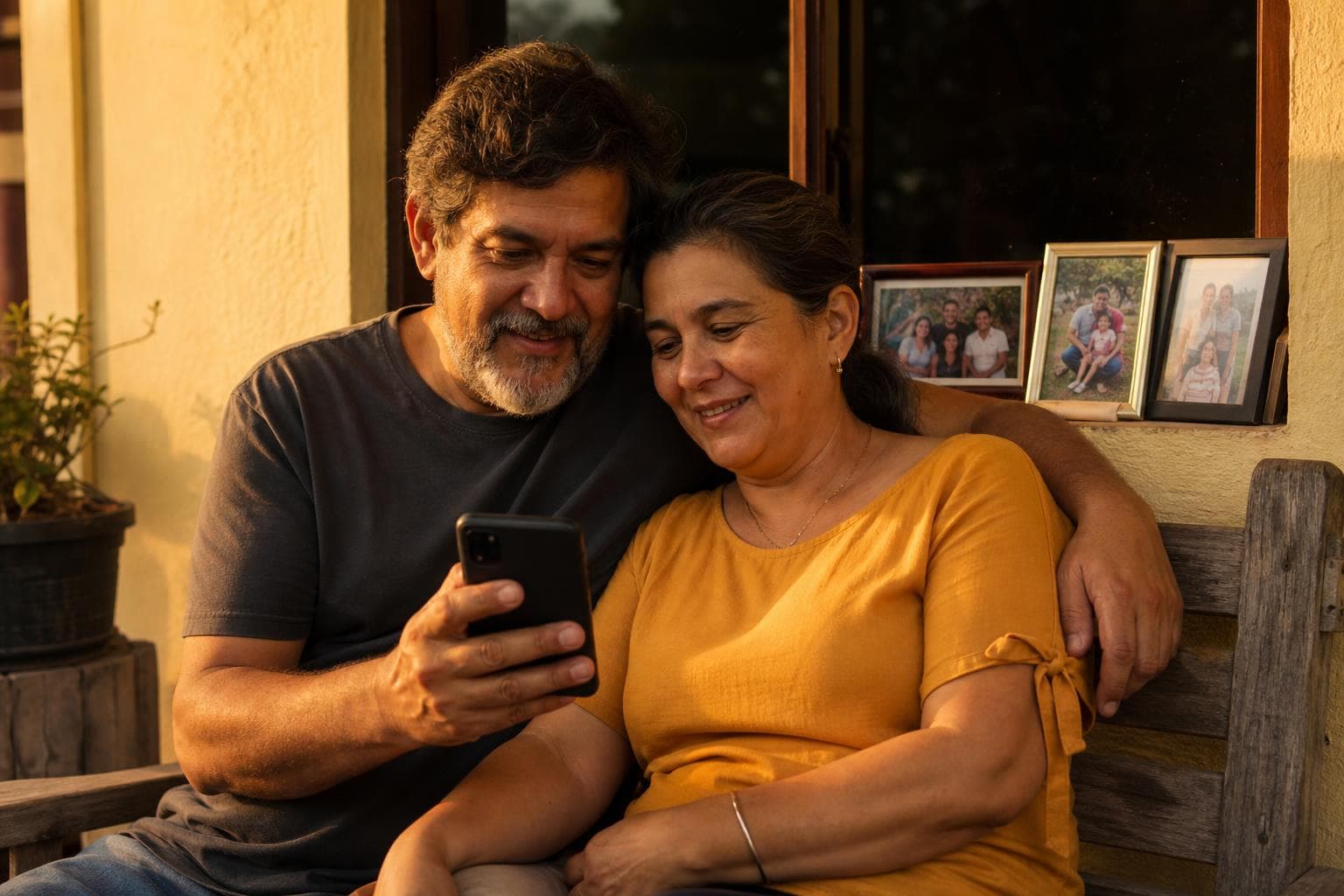 Casal ouvindo música personalizada juntos celebrando bodas de prata