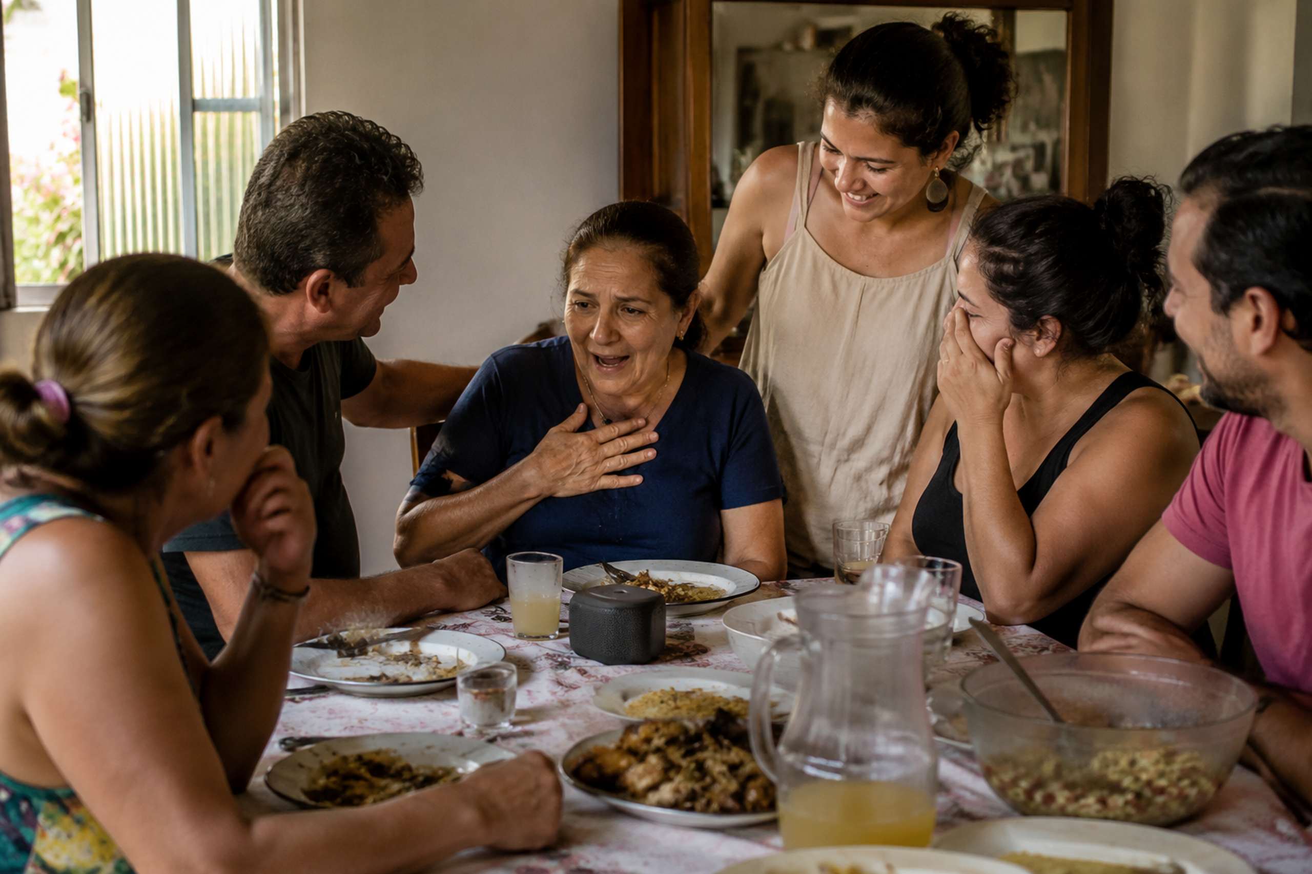 Mãe brasileira ouvindo uma homenagem musical feita pelos quatro filhos juntos durante o almoço de domingo em família