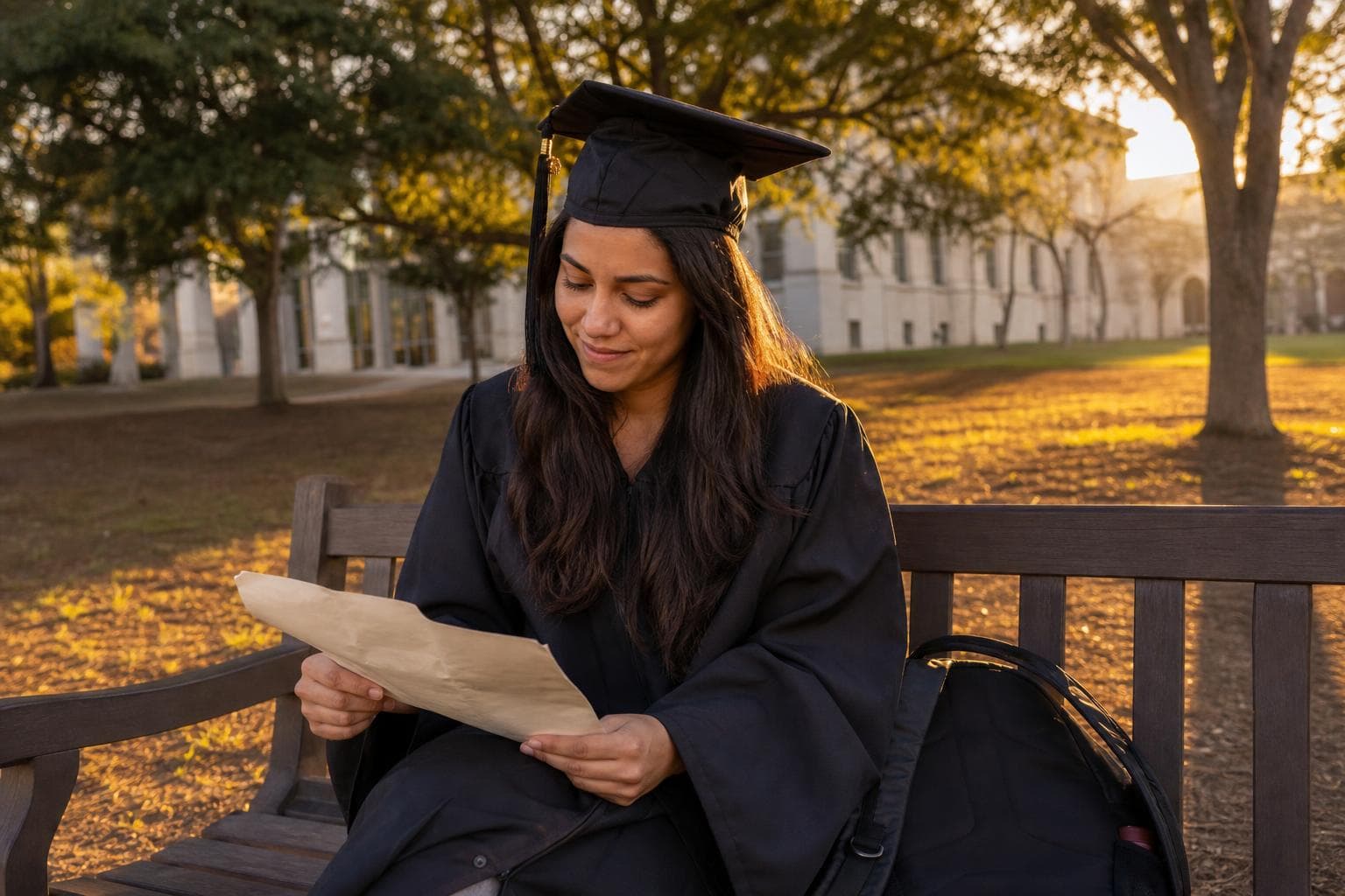 Formanda sozinha no campus segurando diploma ao pôr do sol