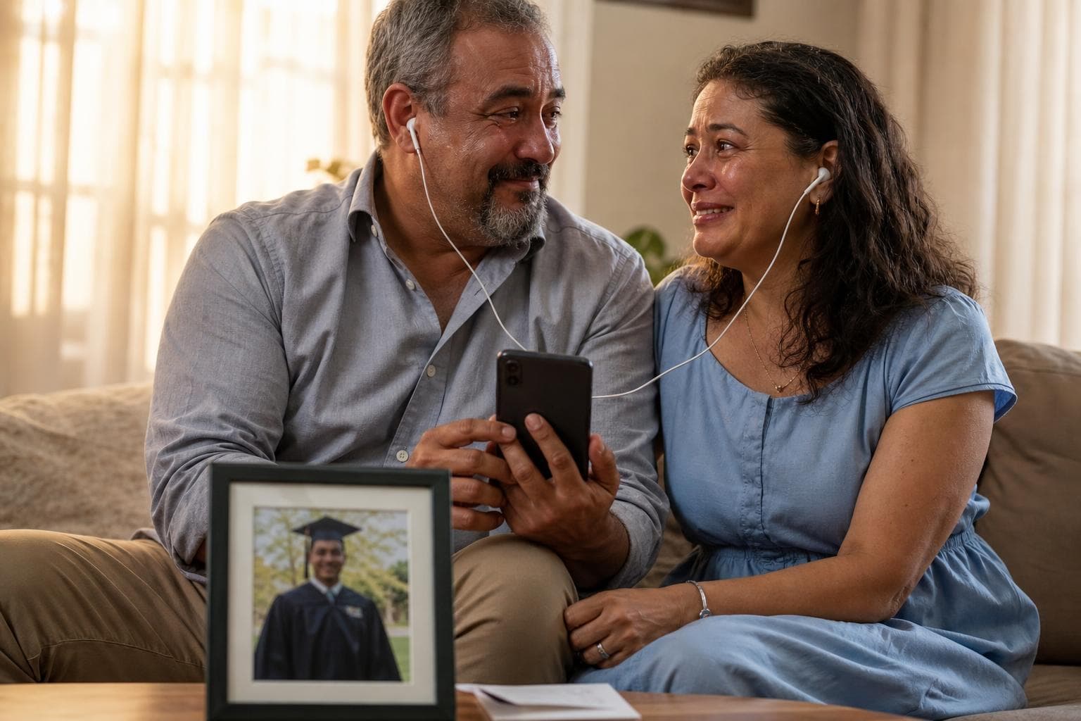 Pais emocionados ouvindo música personalizada para o filho que se forma