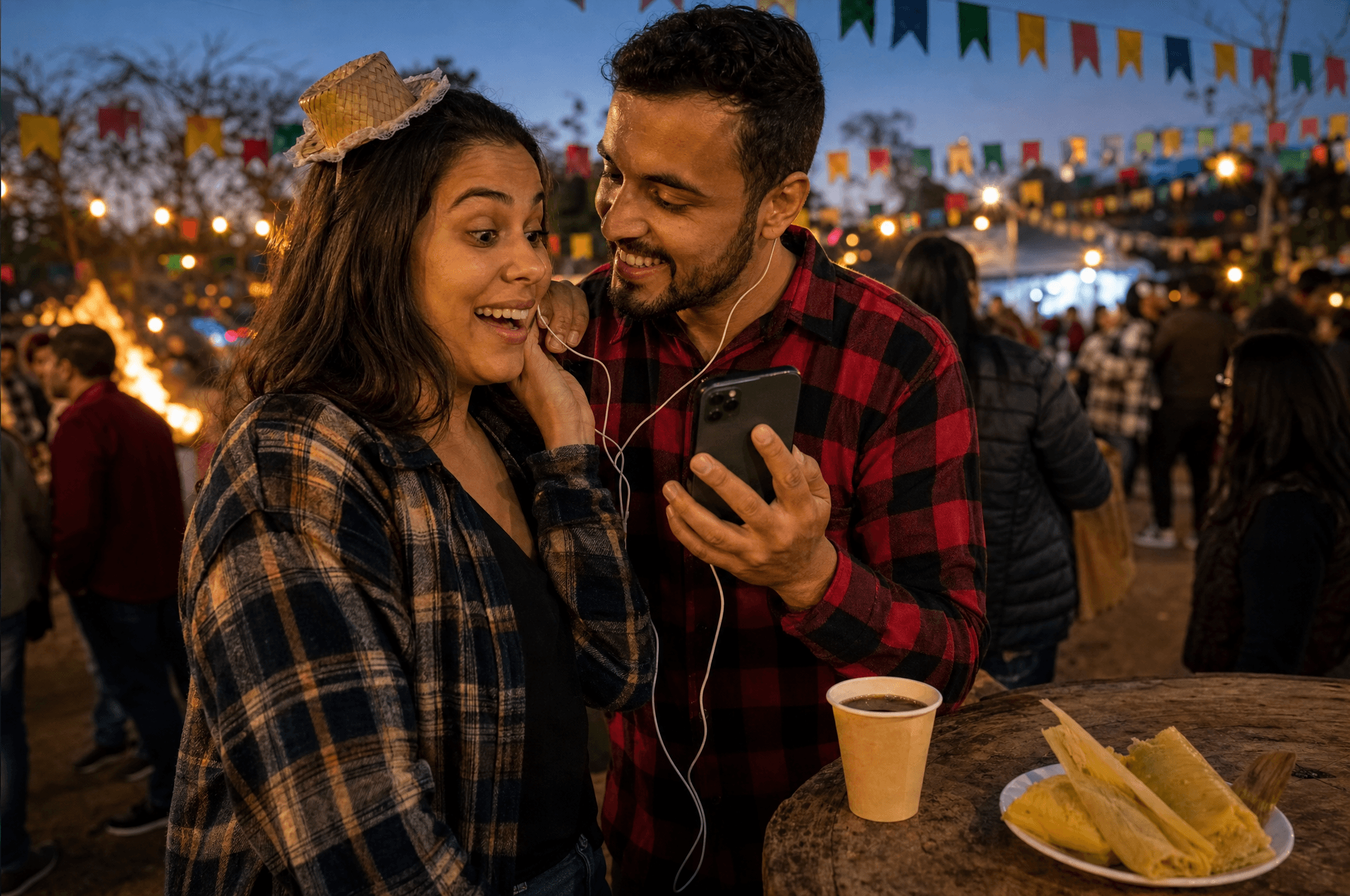 Casal numa festa junina dividindo um fone, ela reconhecendo a letra de um forró personalizado feito sobre os dois