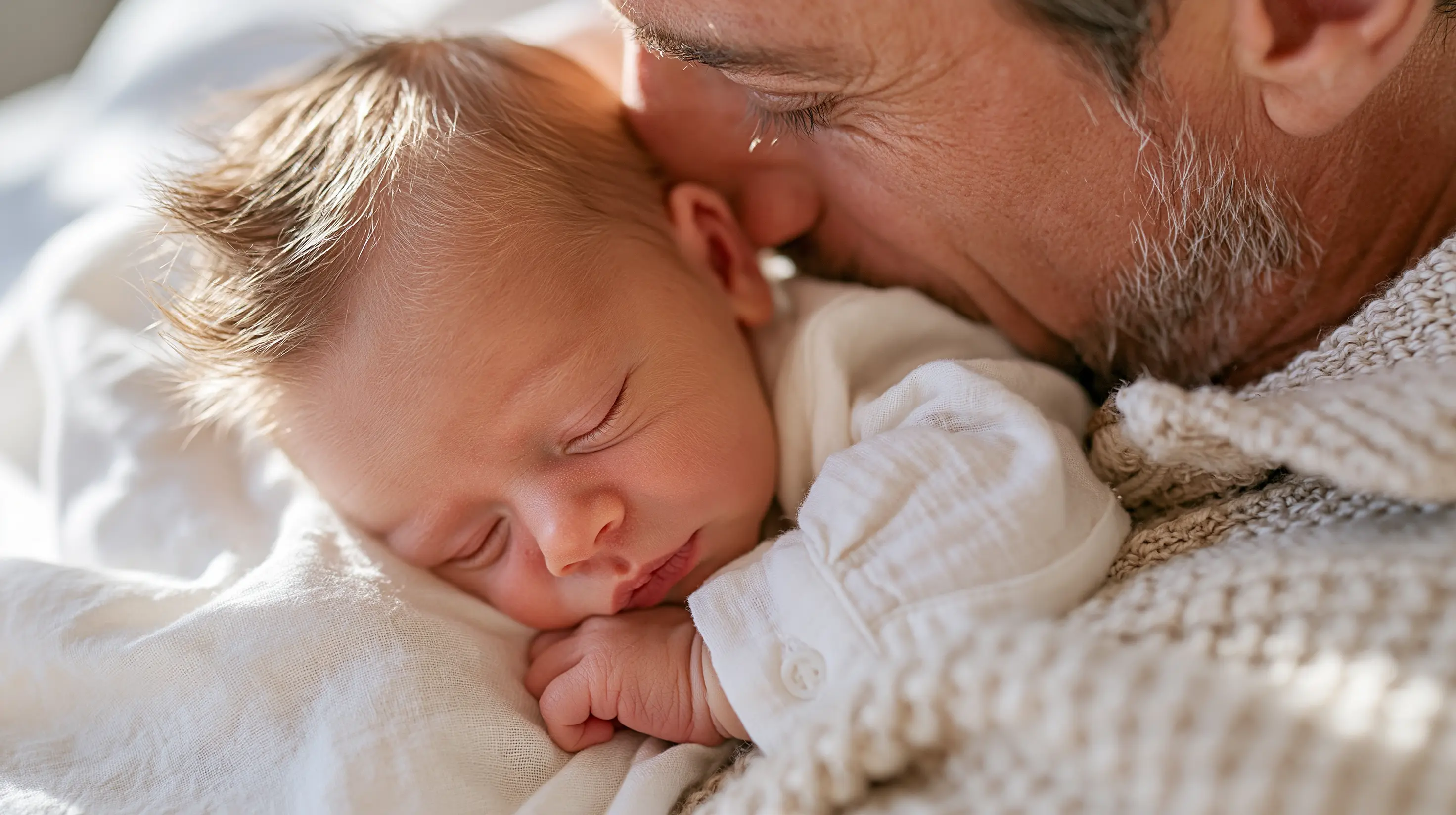 Newborn baby asleep on father's chest, soft morning light, white linen