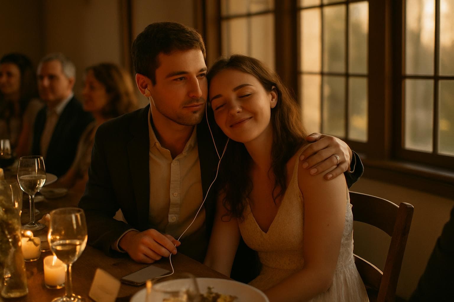 Couple at rehearsal dinner listening to a personalized song together the night before their wedding