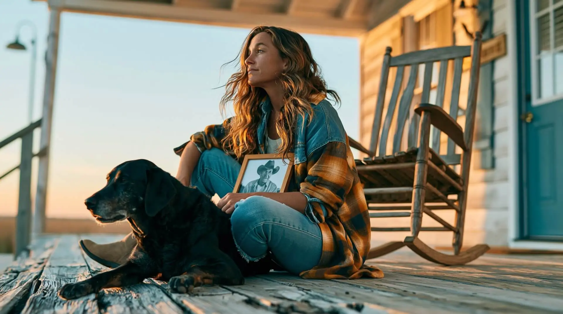 A daughter in her 40s on a porch at dawn holding a framed photo of her late father, an empty rocking chair beside her, contemplative
