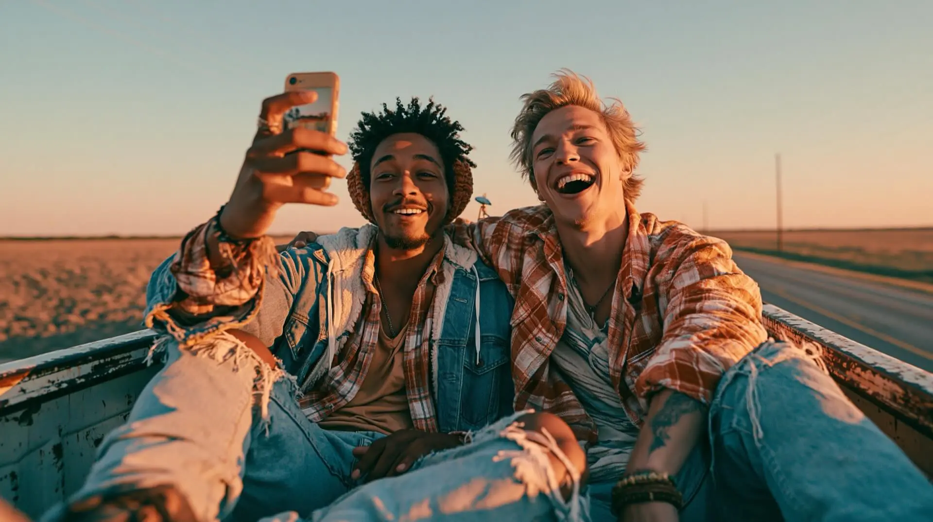Two close friends in their mid-30s in a pickup truck bed at golden hour on a country road, laughing, phone playing a song