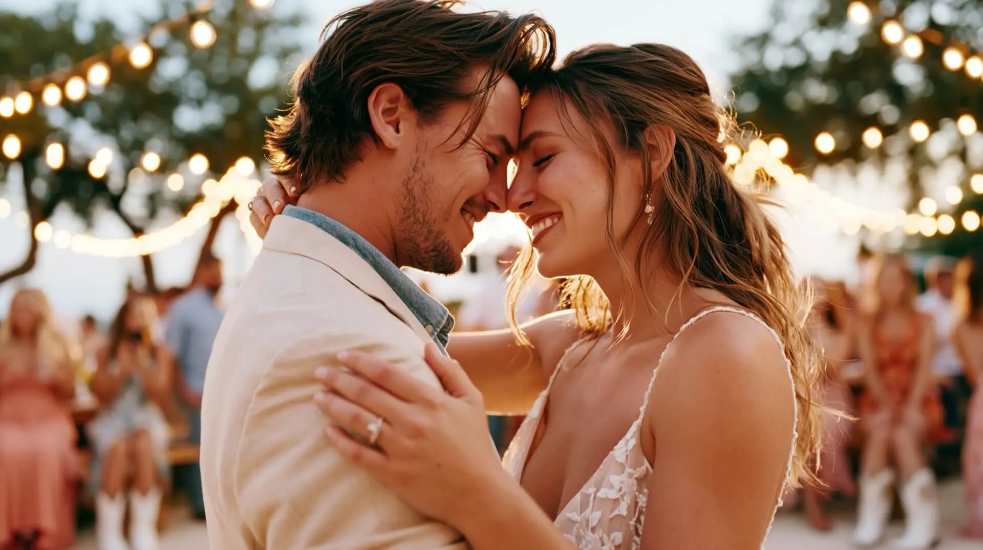 A bride and groom slow-dancing under string lights at a small Texas country wedding at golden hour