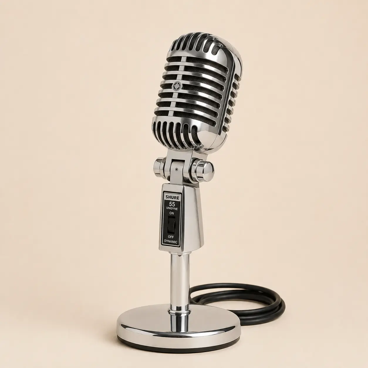 Vintage chrome bullet microphone with leather hymnal