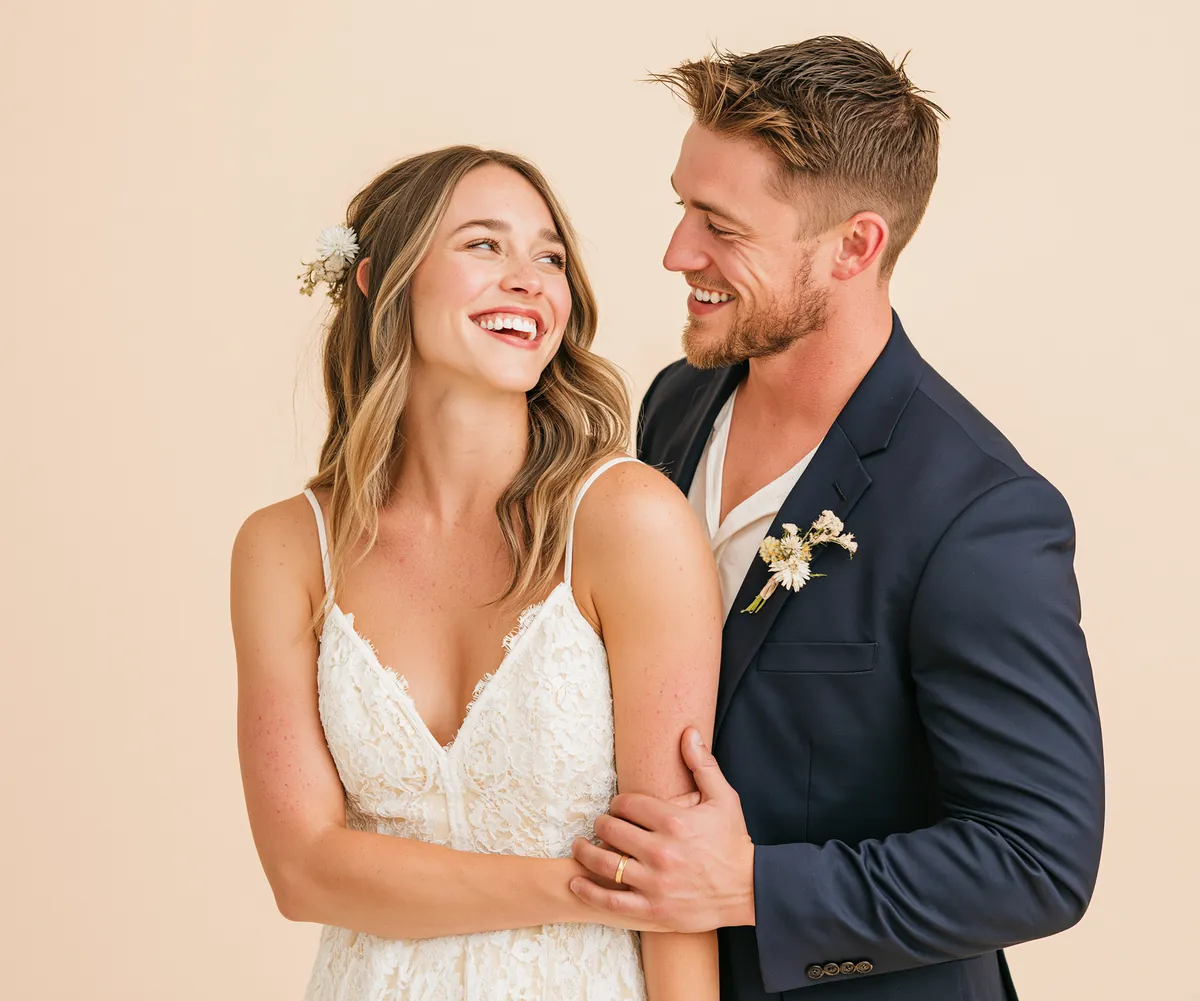 Couple at intimate second-marriage ceremony, golden hour outdoor setting, guests watching, warm and knowing