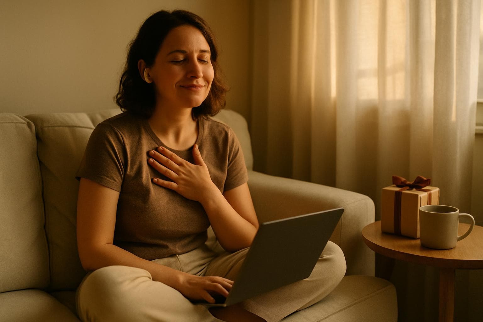 Woman in her 30s listening to a personalized birthday song with genuine emotion, golden hour home setting