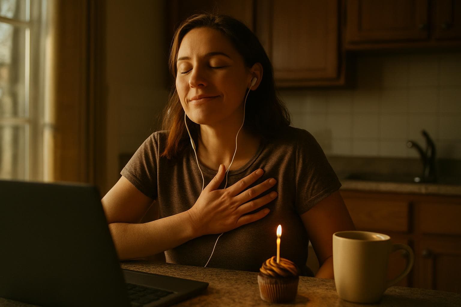 A woman on her 30th birthday listening to a personalized song written about her life — warm candid portrait