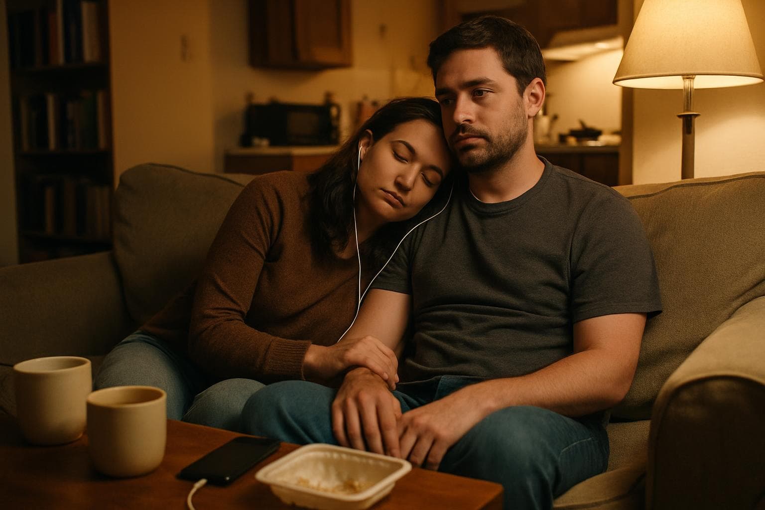 Couple listening to their 4th anniversary song together on their couch, comfortable evening setting