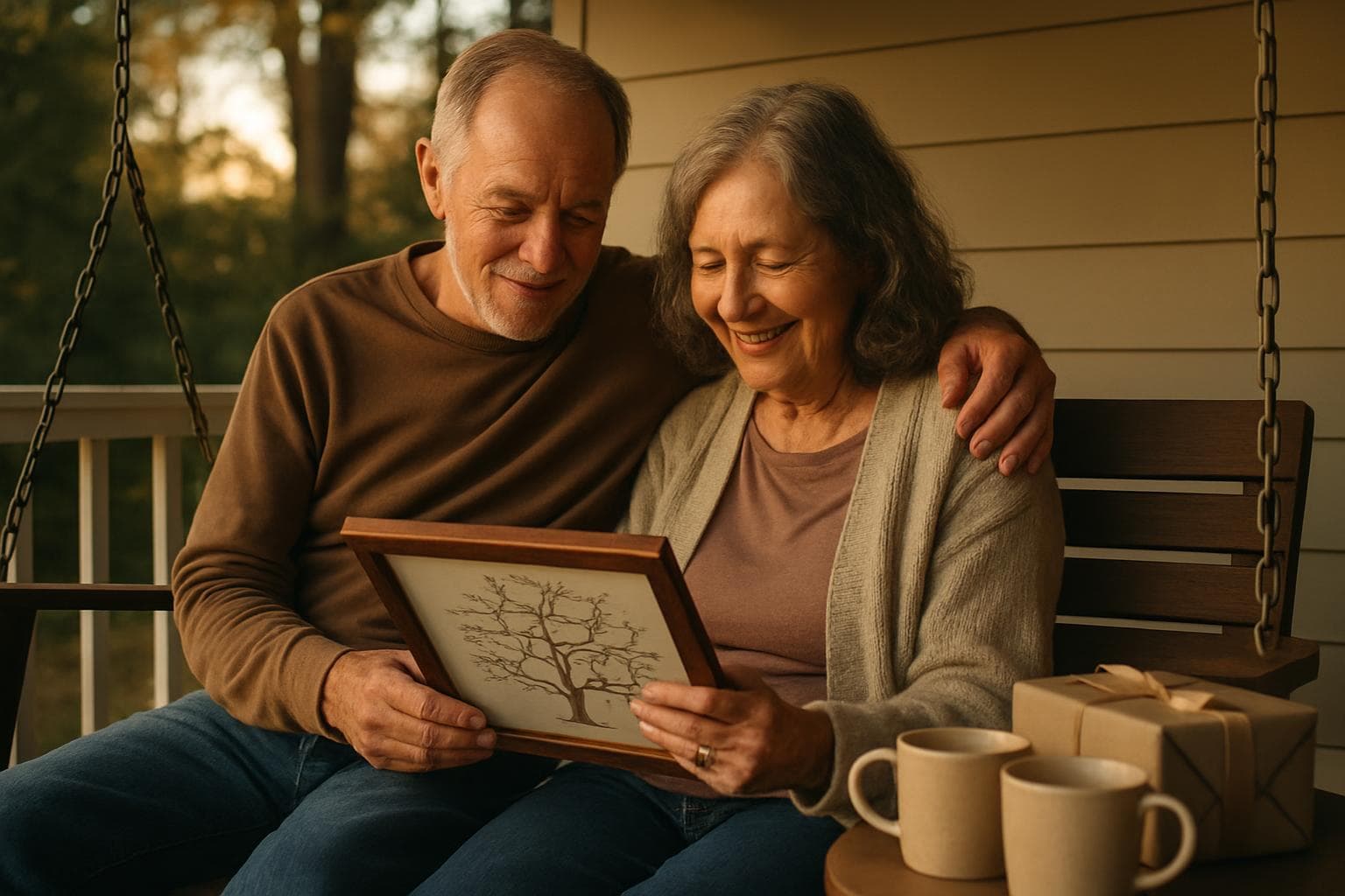 American couple in their 70s sitting together reviewing a golden anniversary gift, warm afternoon lighting, genuine emotion