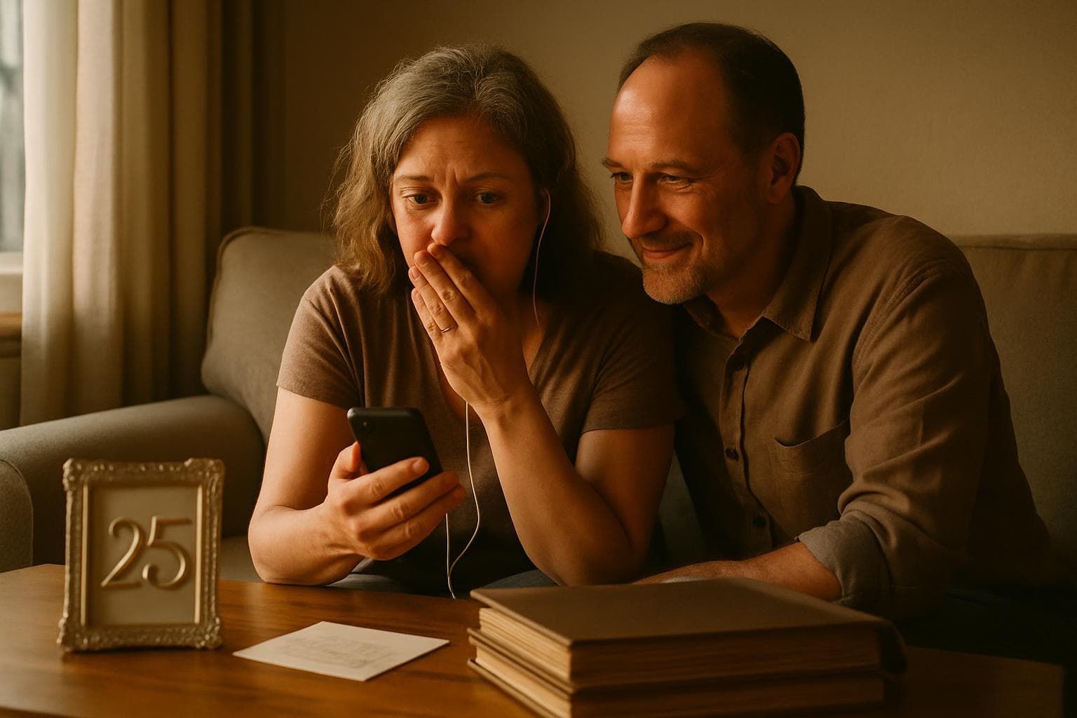 Parents in their early 50s listening together to a personalized 25th anniversary song on the couch with photo albums and anniversary frame on coffee table
