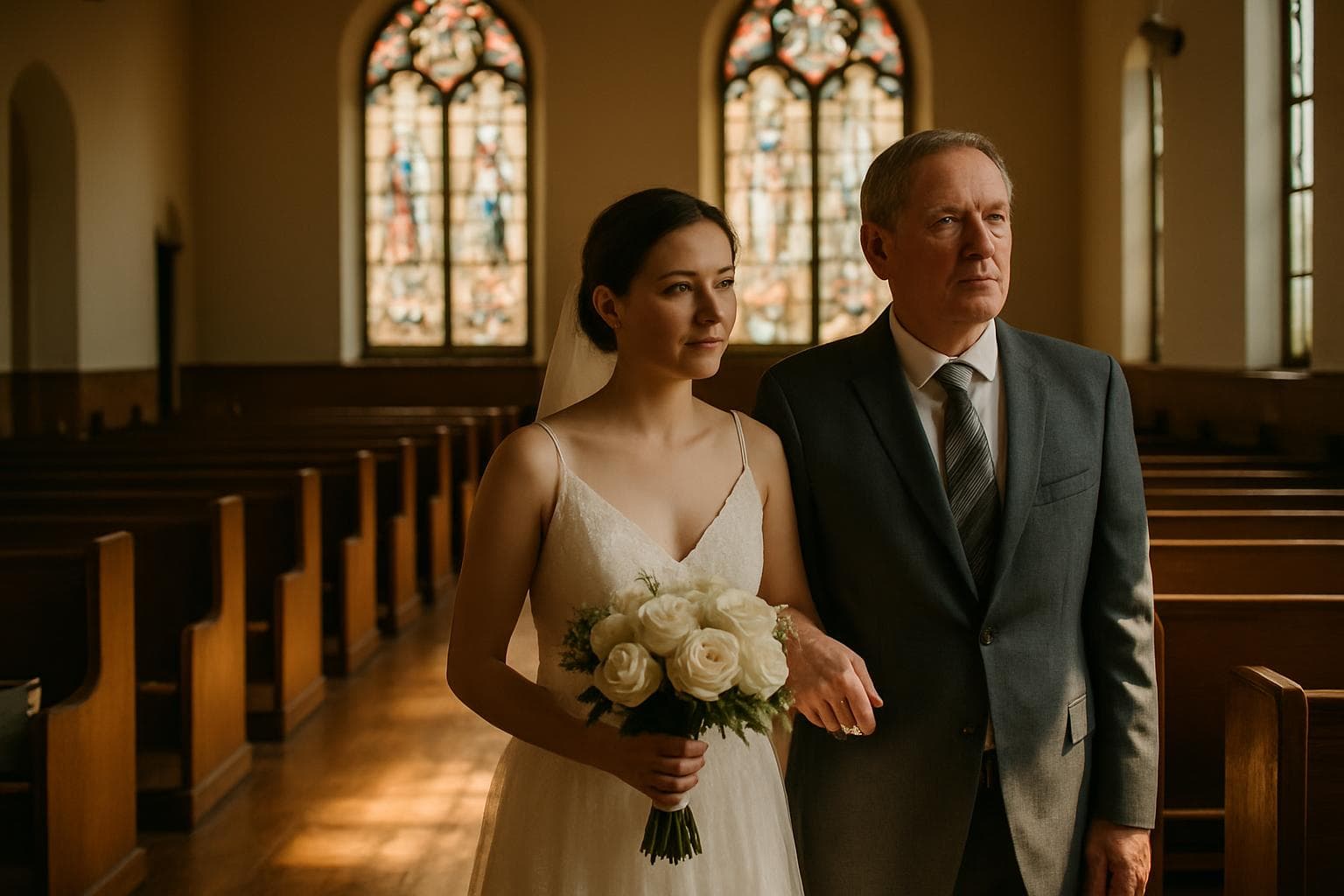 Bride and father standing at church entrance before walking down aisle, golden afternoon light