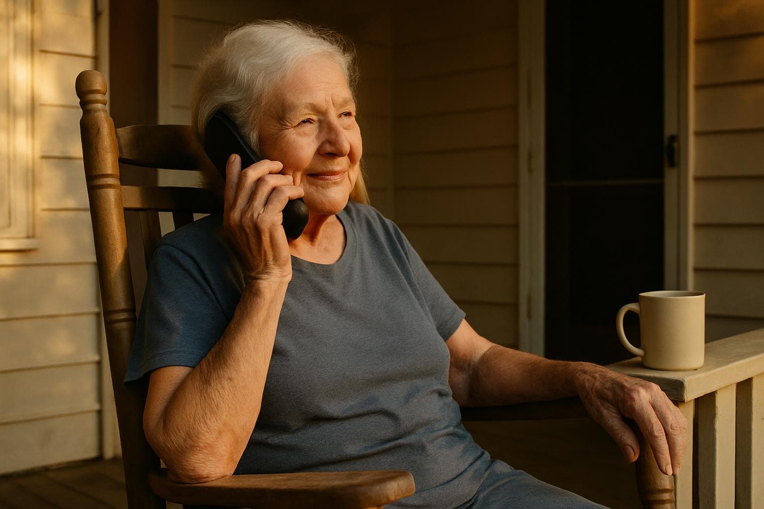 A grandmother on her porch holding a phone — personalized country song about the Sunday calls she never misses