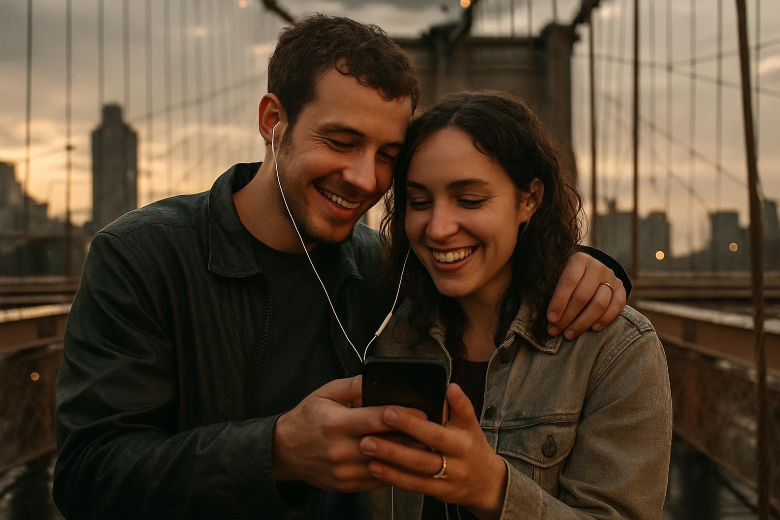 A newly engaged couple listening to their personalized engagement song — the Brooklyn Bridge proposal in the rain captured in lyrics