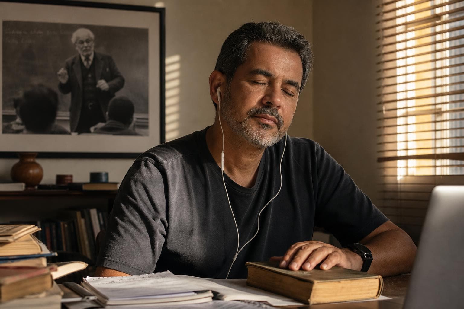 Ex-aluno ouvindo homenagem musical para o professor falecido que mudou sua vida