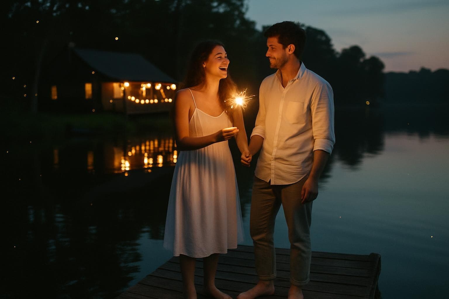 Couple on a lake house dock at dusk on the Fourth of July, holding a sparkler, fireflies behind them — the scene a personalized Americana wedding song would capture