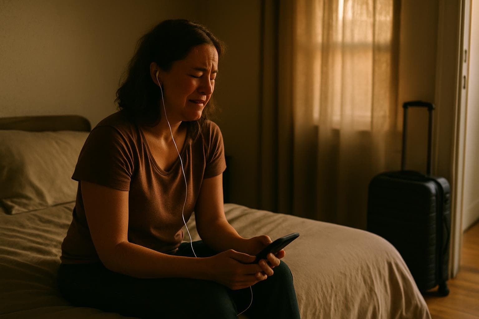 A woman listening to a personalized love song during a short time apart — the bed half-empty, earbuds in, the three-day separation made smaller by a song with his name in it