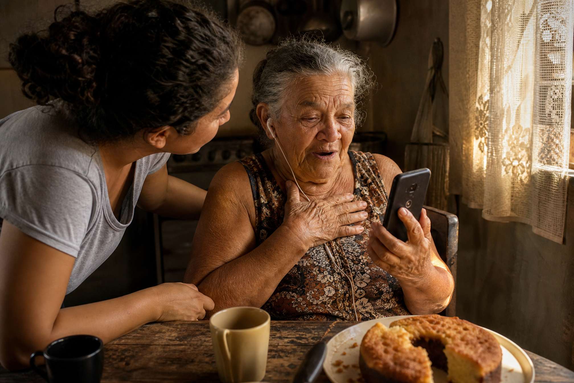 Avó brasileira de uns 75 anos ouvindo no celular uma música personalizada de aniversário feita pelo neto, mão no peito, emocionada na cozinha