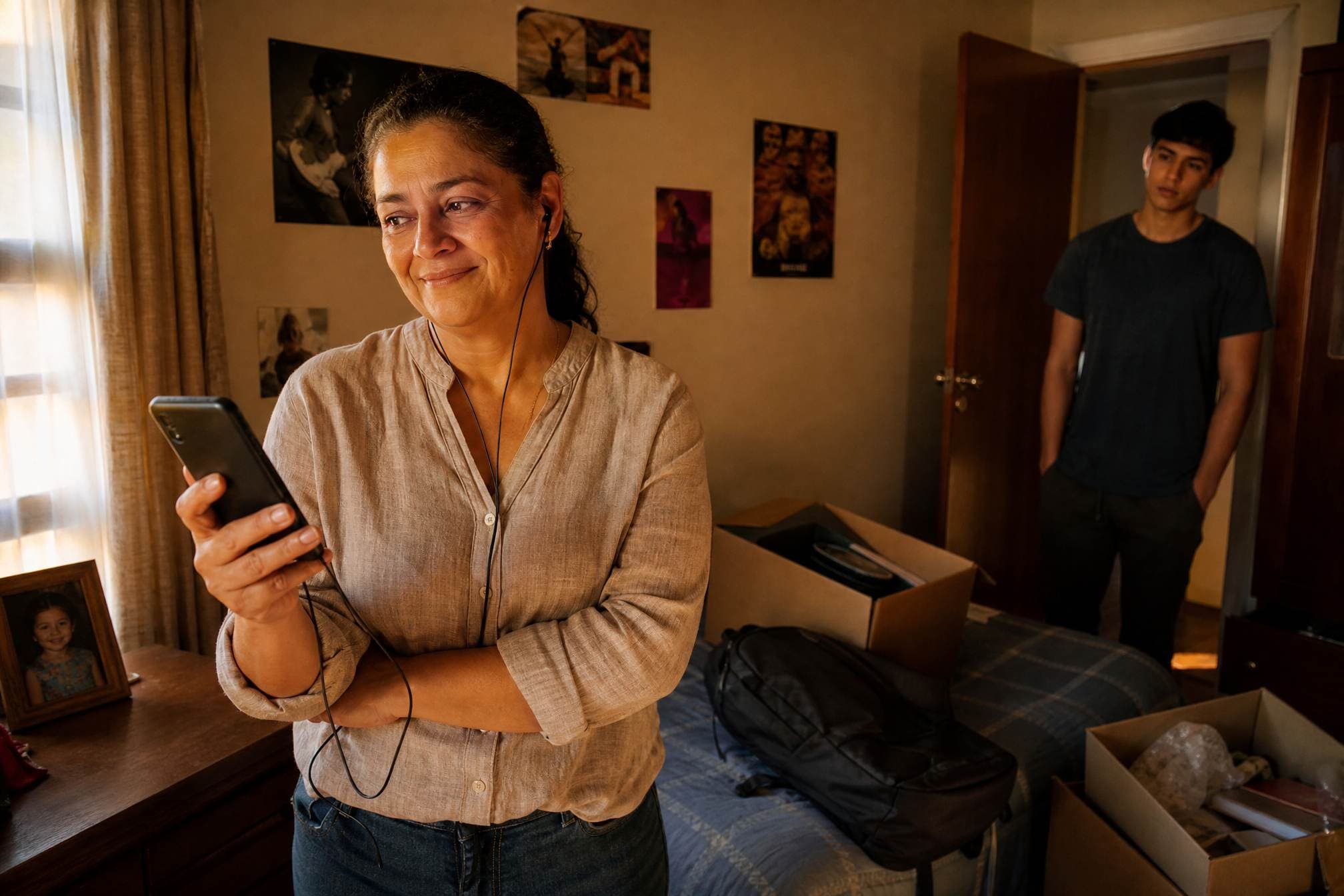 Mãe brasileira ouvindo no celular a música personalizada feita pro filho de 18 anos, no quarto sendo arrumado pra ele sair de casa