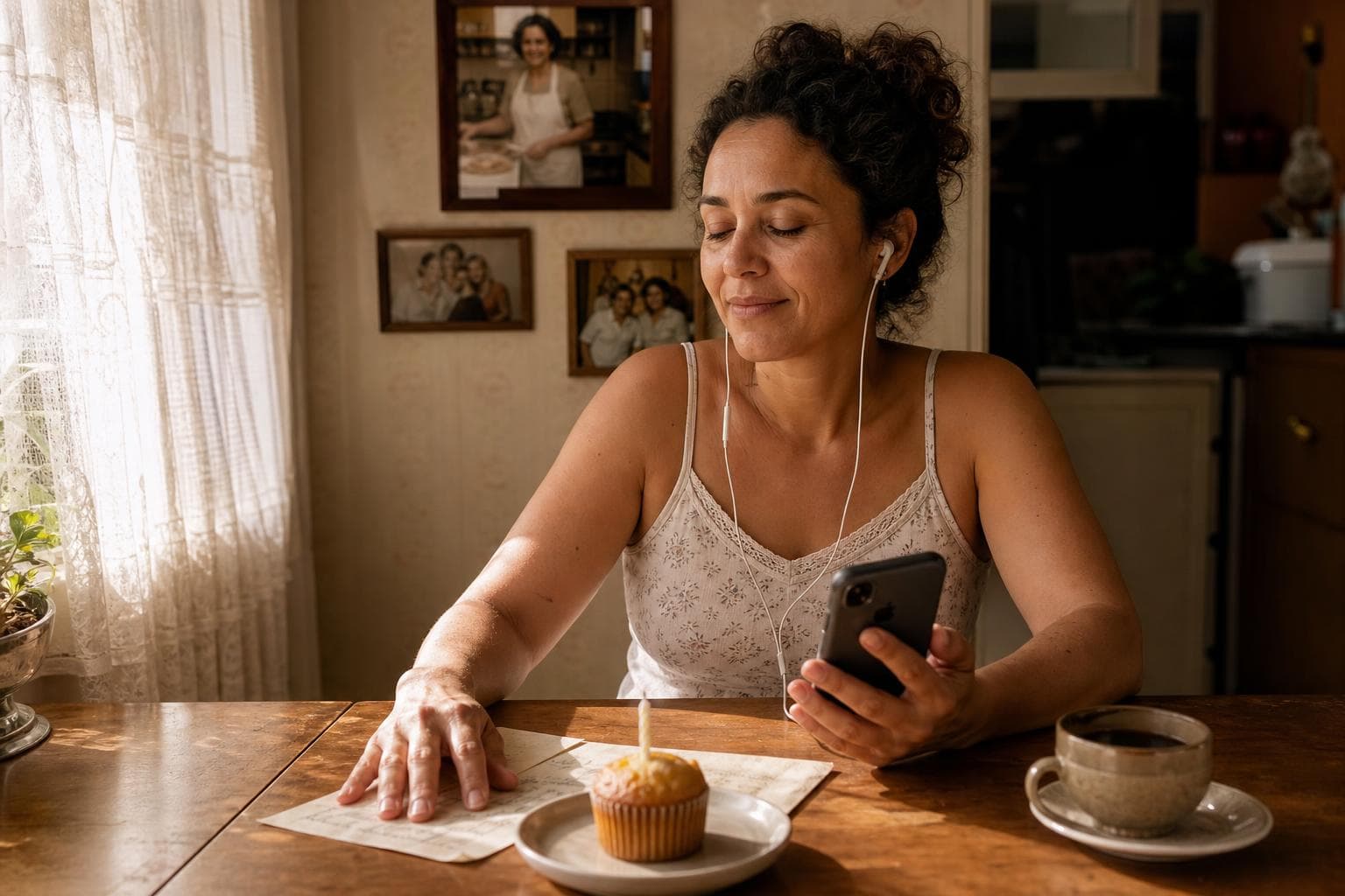 Filha ouvindo música de aniversário personalizada para mãe falecida, com receita escrita à mão da mãe sobre a mesa