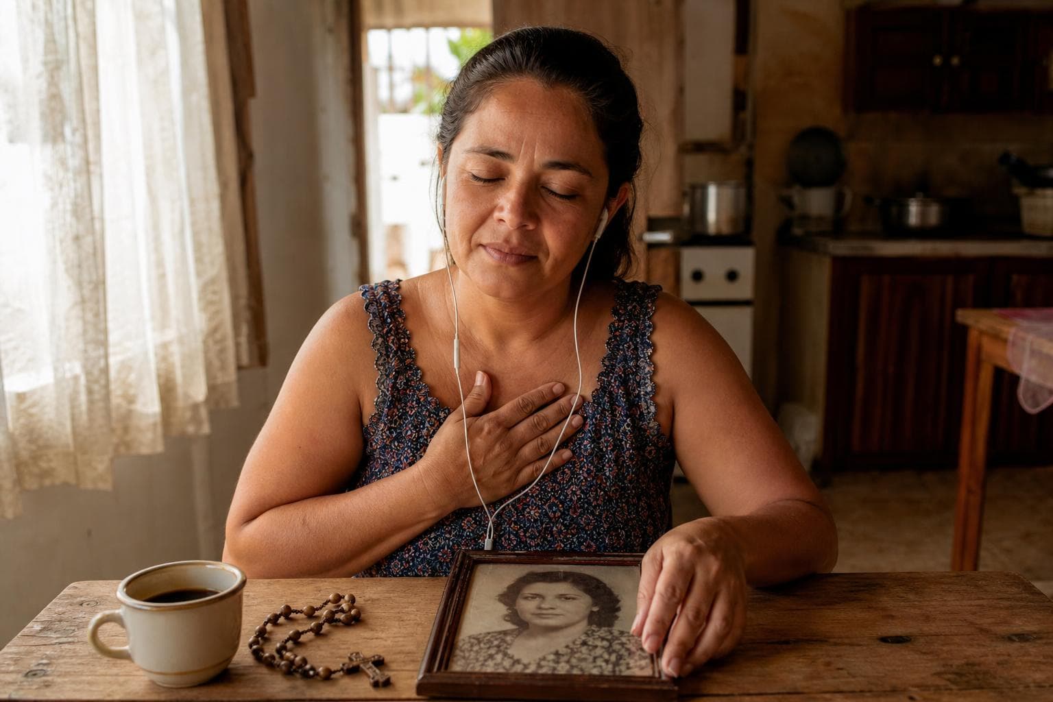 Mulher ouvindo música de homenagem para a mãe falecida, com foto dela sobre a mesa