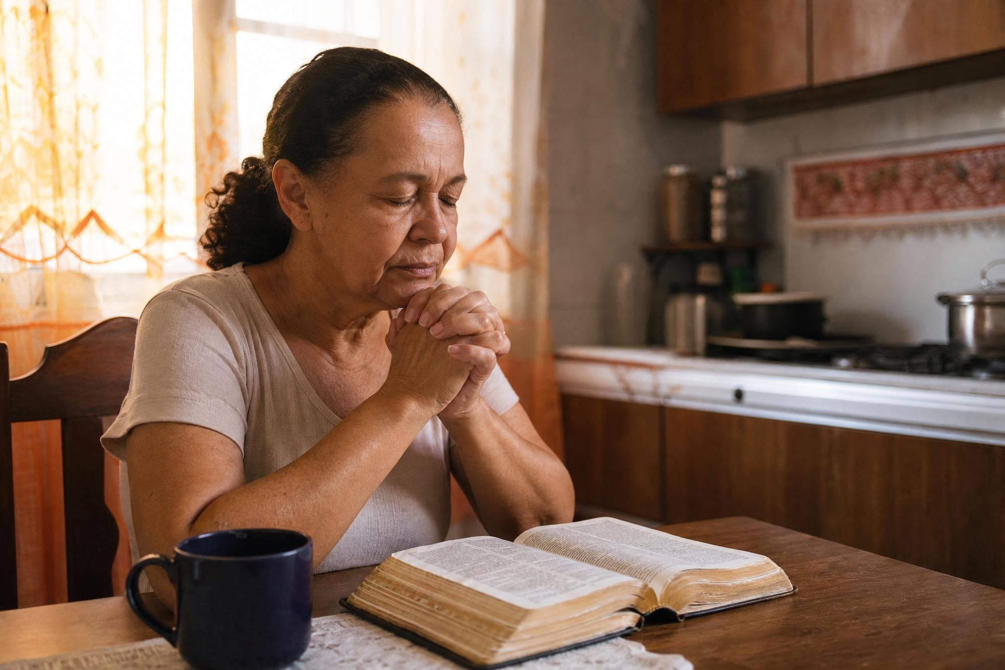 Mãe evangélica brasileira em oração de manhã cedo recebendo homenagem musical gospel no Dia das Mães