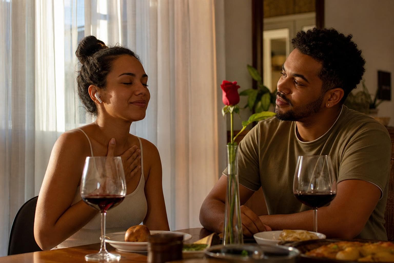 Casal brasileiro ouvindo música personalizada no jantar de Dia dos Namorados
