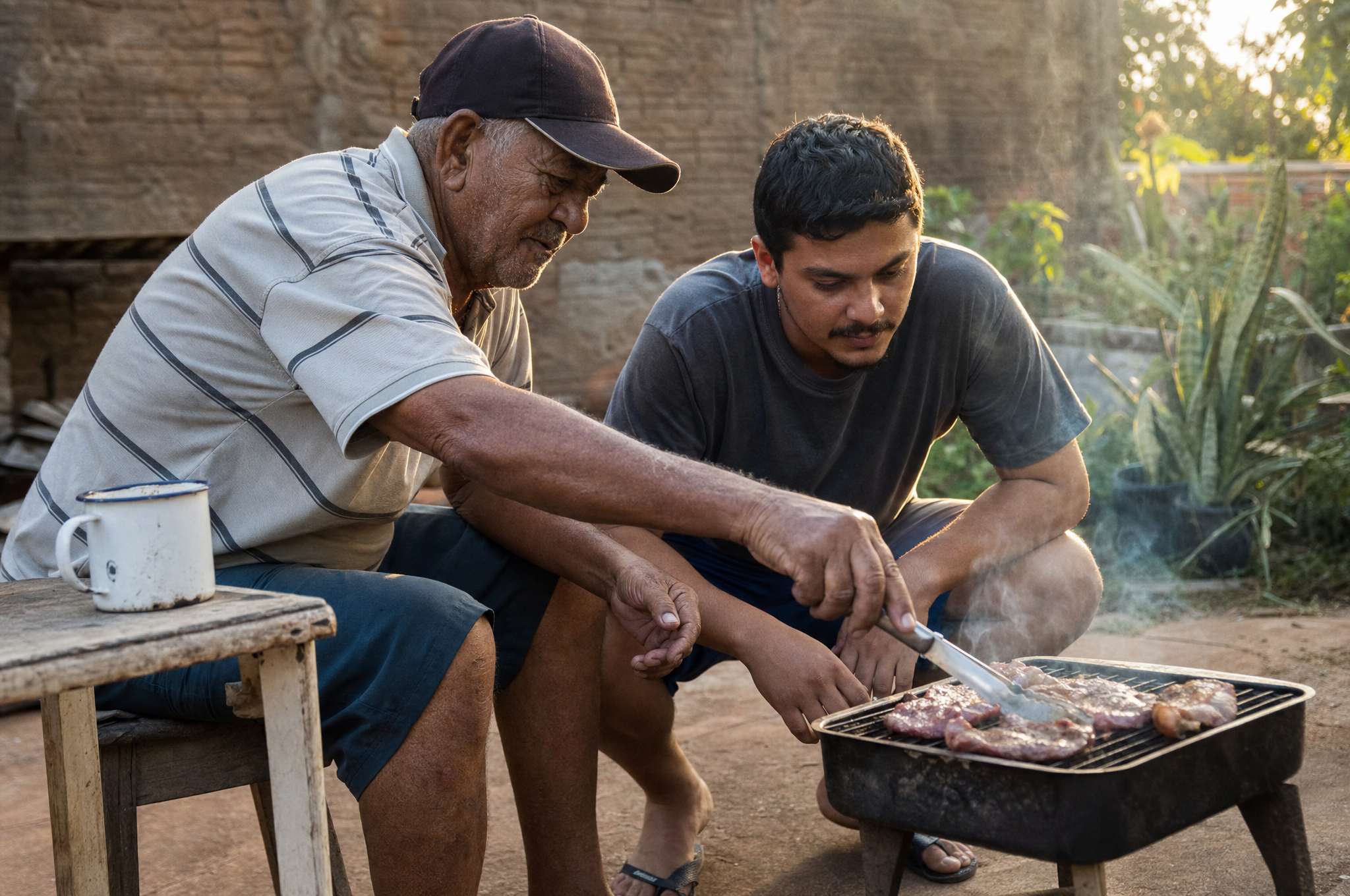 Avô e neto brasileiros no churrasco de domingo, representando a homenagem musical de um neto pro avô no Dia dos Pais