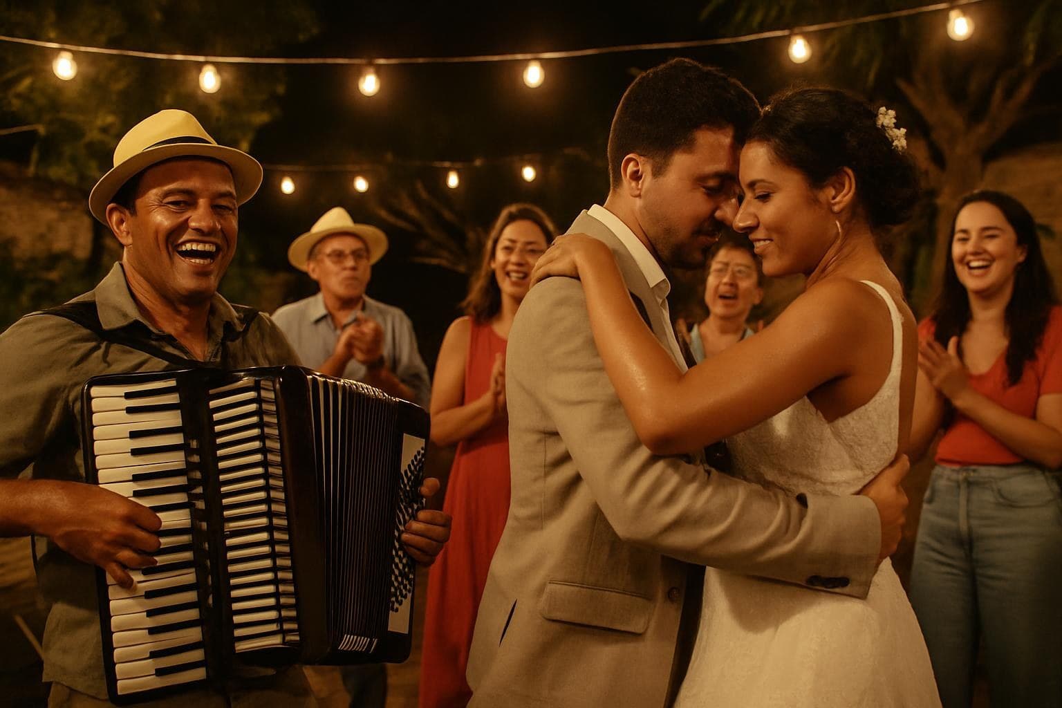 Noivos dançando forró na festa de casamento nordestina enquanto a sanfona toca a música personalizada deles