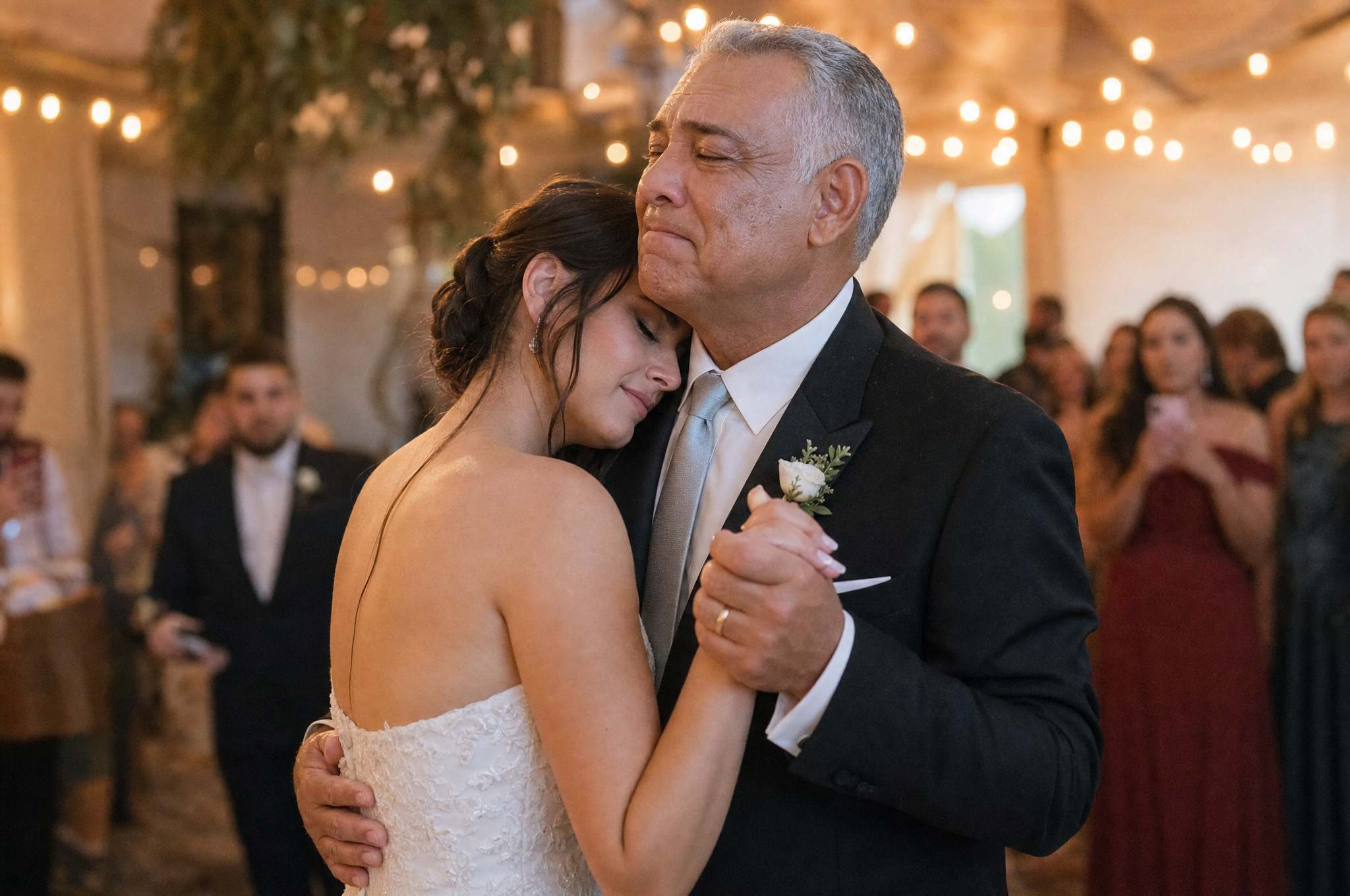 Pai dançando a última valsa com a filha noiva na recepção do casamento, música personalizada tocando