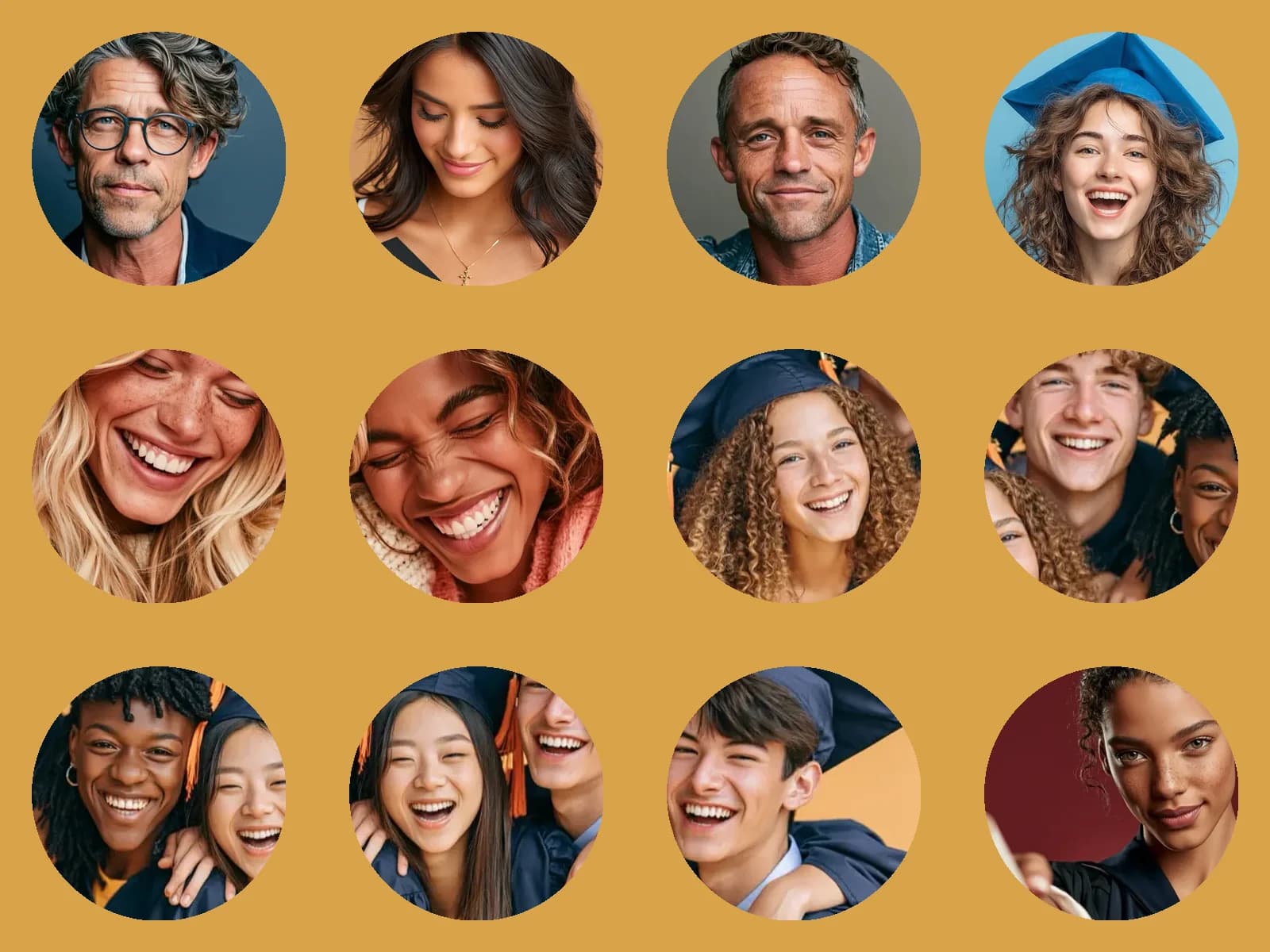 Twelve diverse American graduates and parents in circular portraits on amber background — heroes from seven personalized graduation songs covering daughter, son, mom, dad, best friend, class, and thank-you-to-parents
