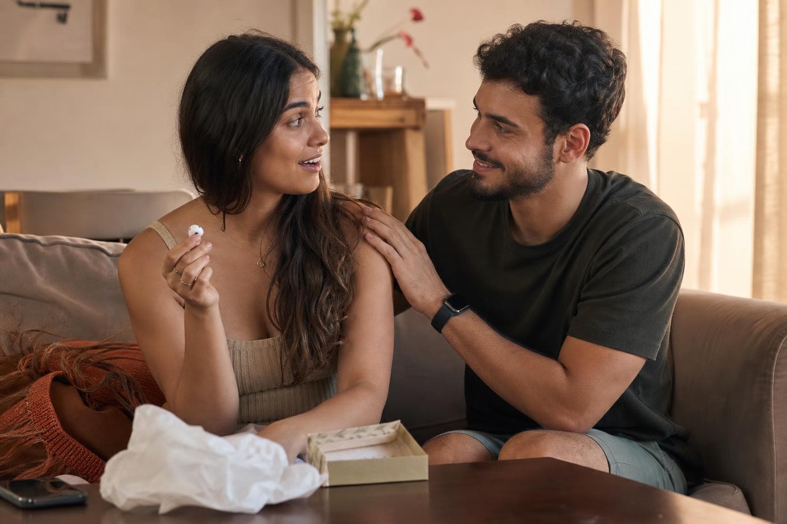 Casal brasileiro ouvindo música personalizada juntos no sofá, ela surpresa com o presente criativo de Dia dos Namorados