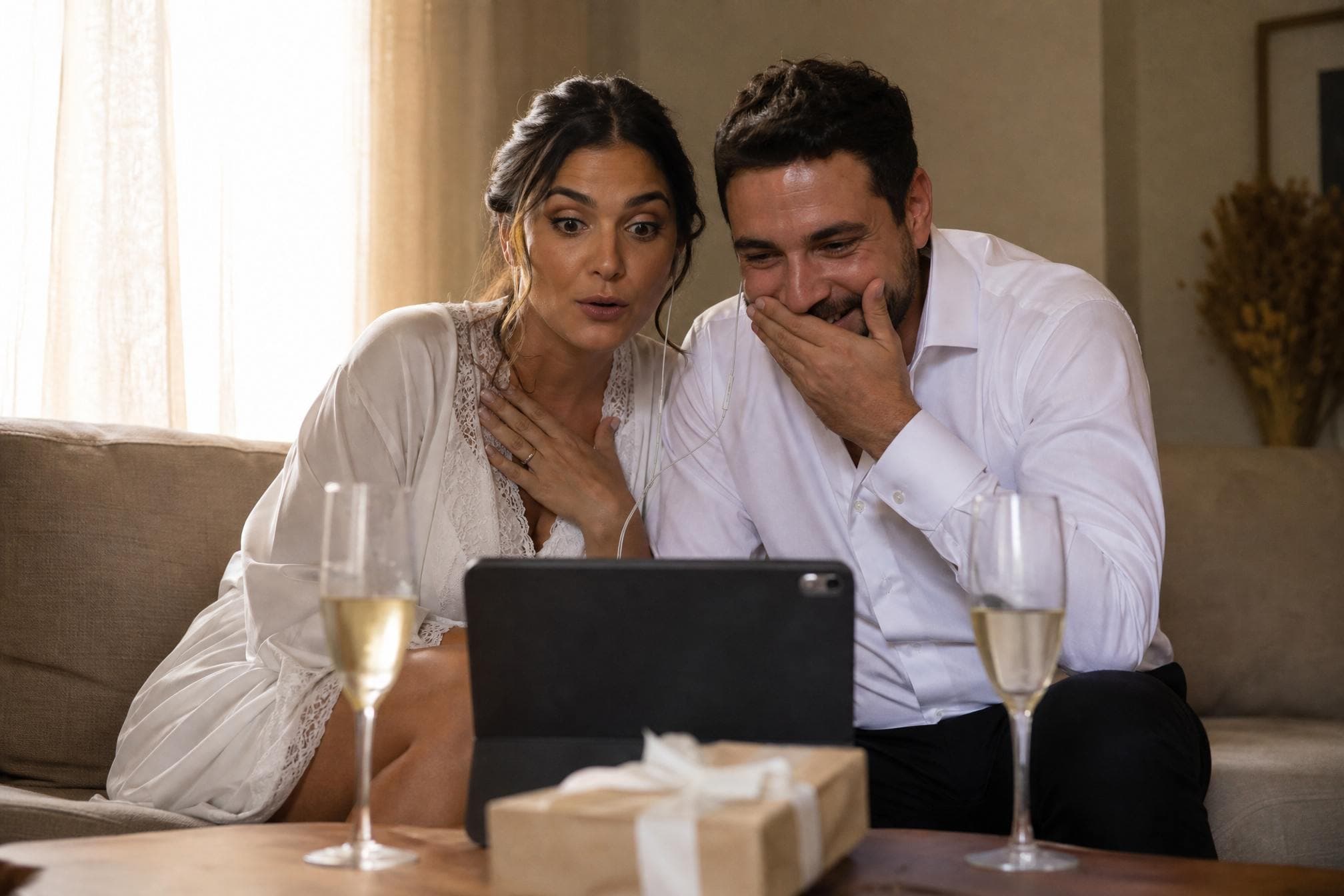 Casal de noivos ouvindo juntos uma música personalizada de presente no dia do casamento