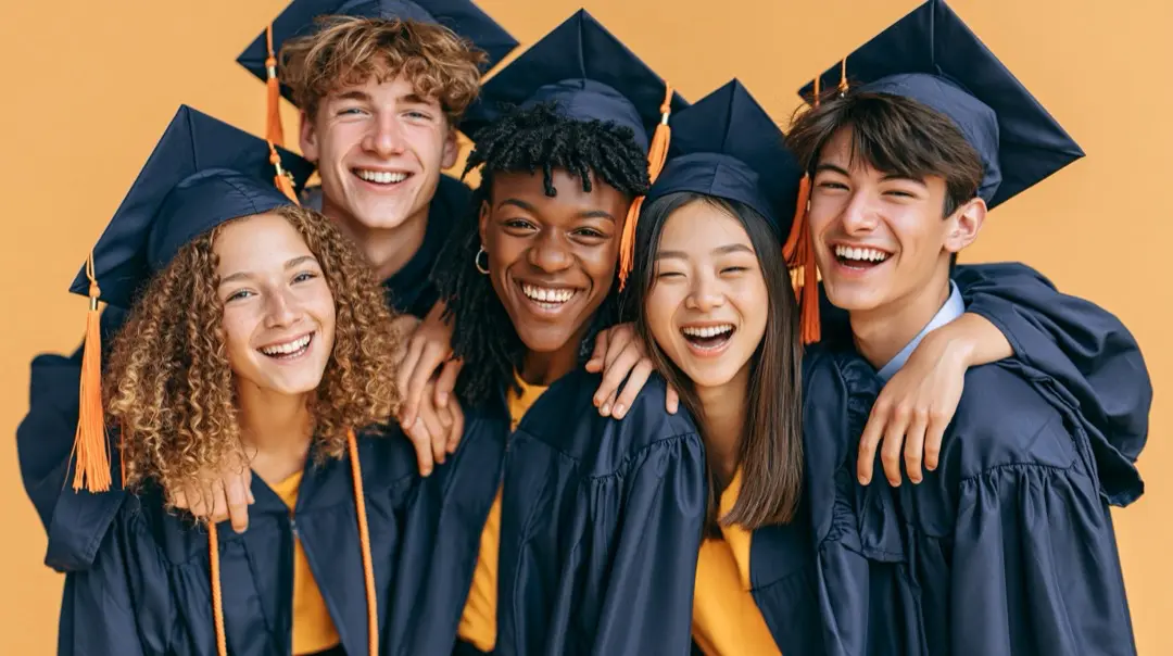 Five diverse American high school graduates in caps and gowns laughing — class anthem song for the whole graduating friend group